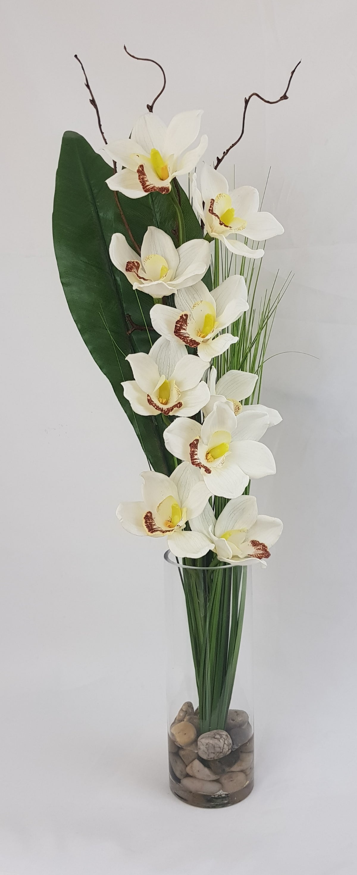 Cymbidium Orchid Faux Flowers in Tall Cylinder Vase