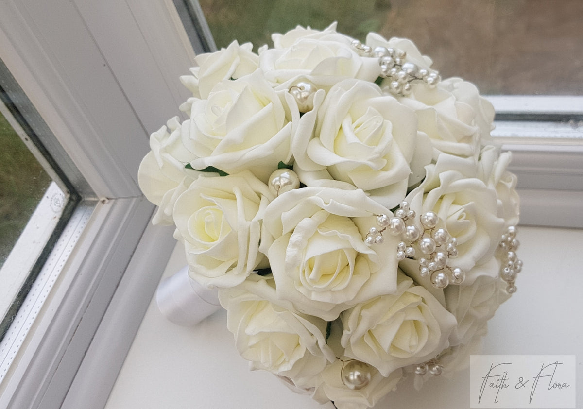 White/Ivory Wedding Flower Bouquet with Pearls