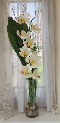 Cymbidium Orchid Faux Flowers in Tall Cylinder Vase